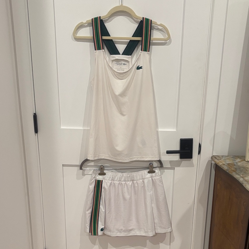 Lacoste White Outfit with Green and Orange Stripes